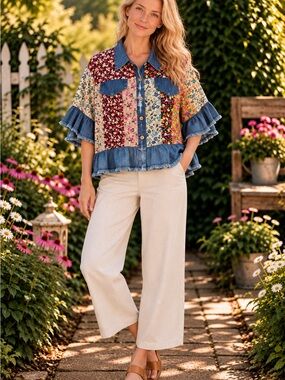 Young Threads Patchwork Floral Denim Ruffle Top L NWT